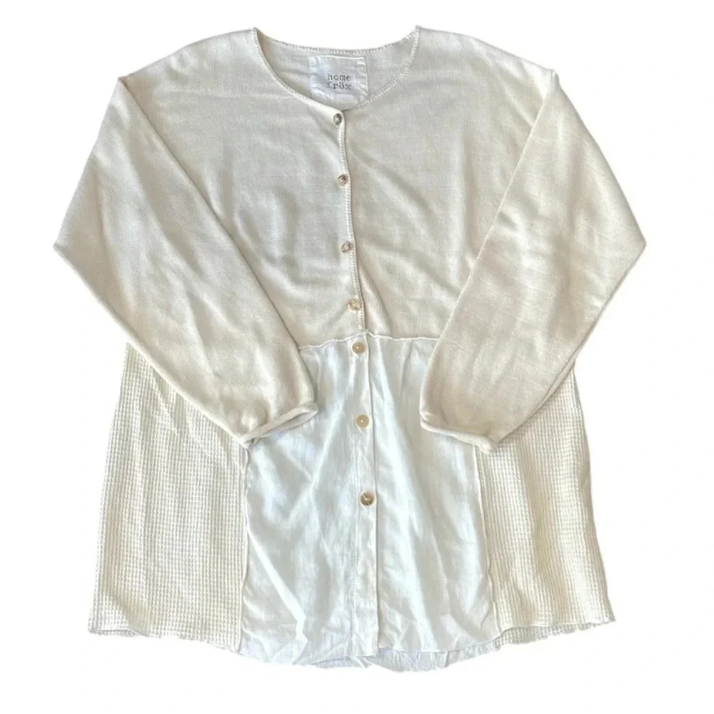 Mixed media tunic Cream Cotton and linen Long sleeved Button up One Size Knit